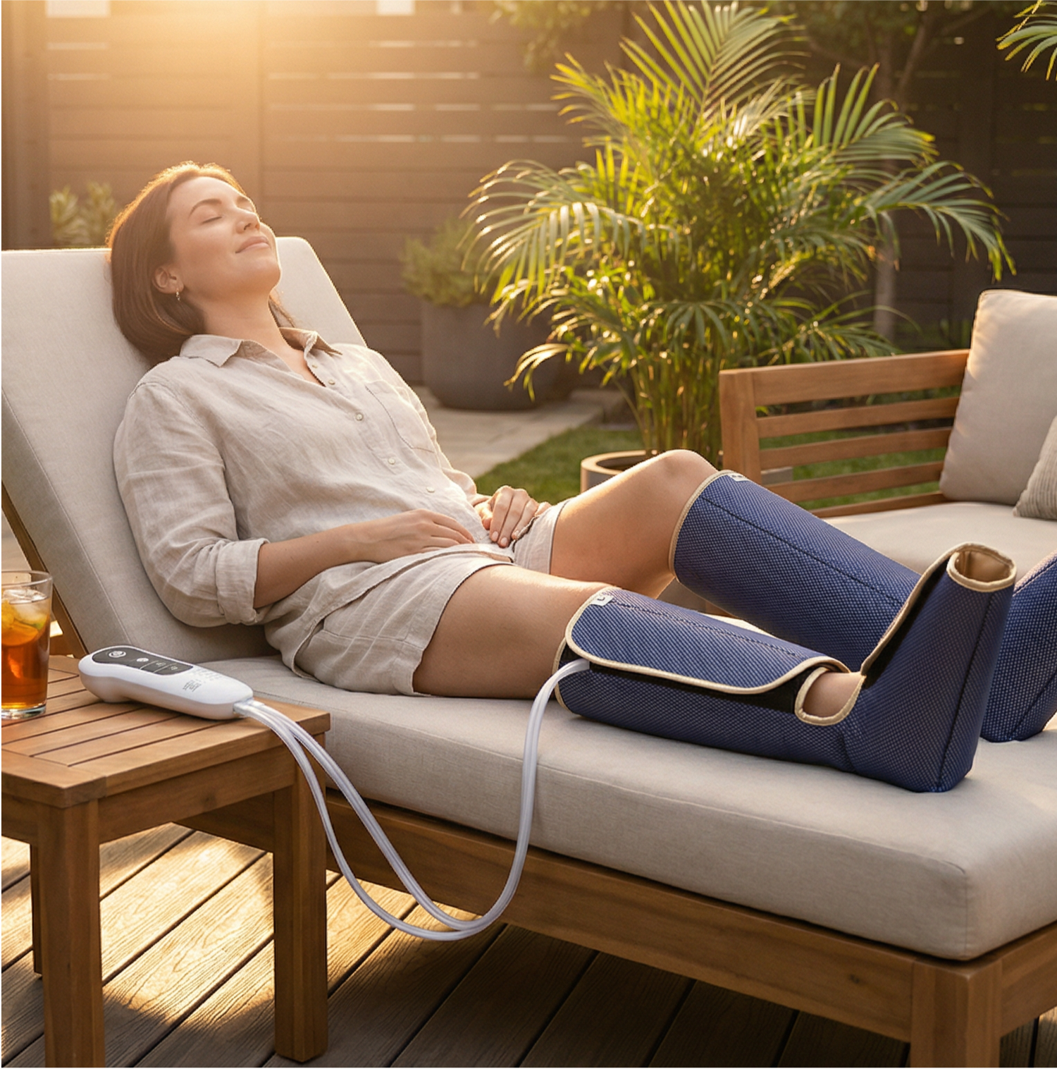 Woman using a leg massager outdoors on a sunny day