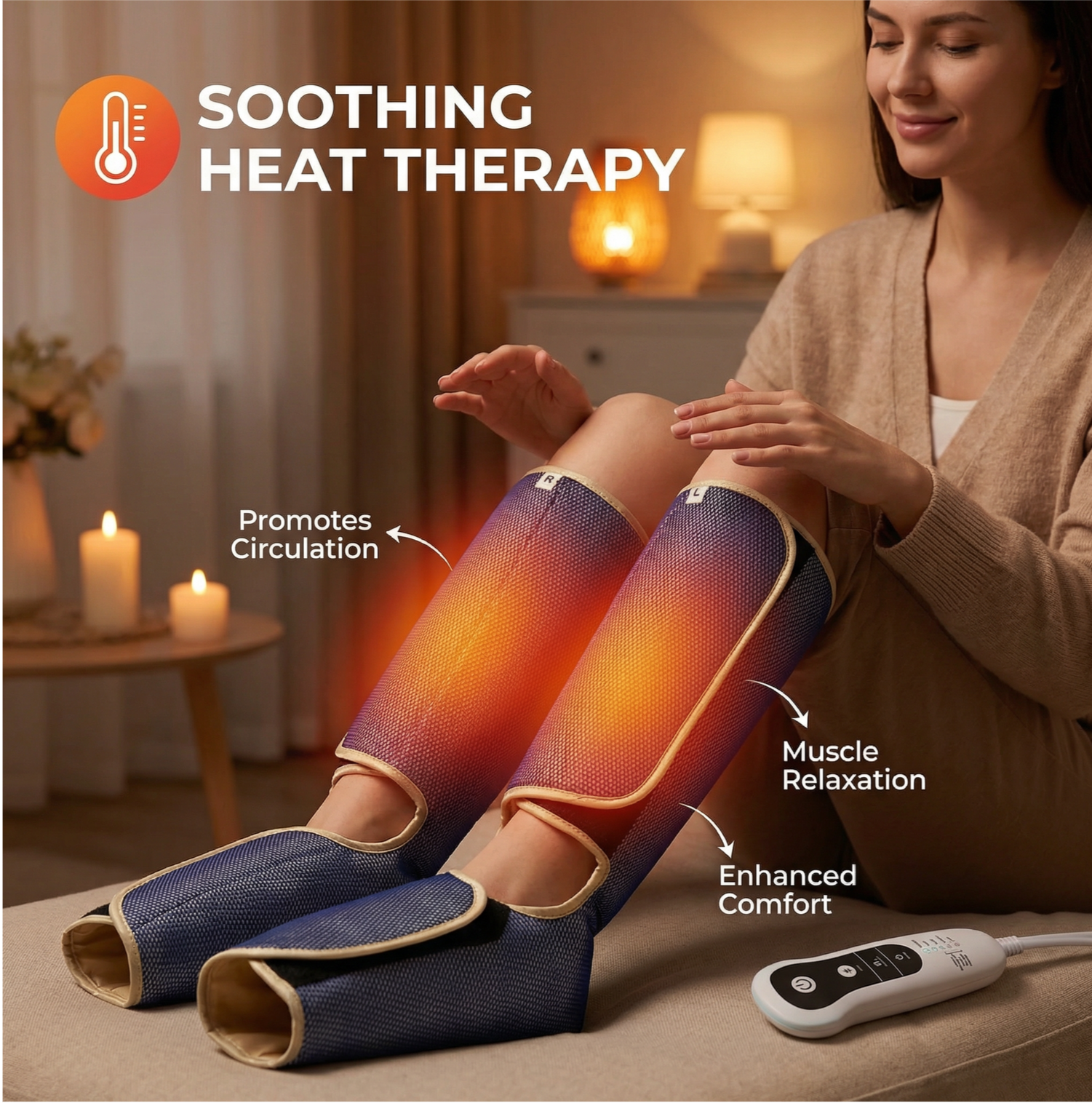 Woman using a heating pad on her legs with text indicating soothing heat therapy benefits.
