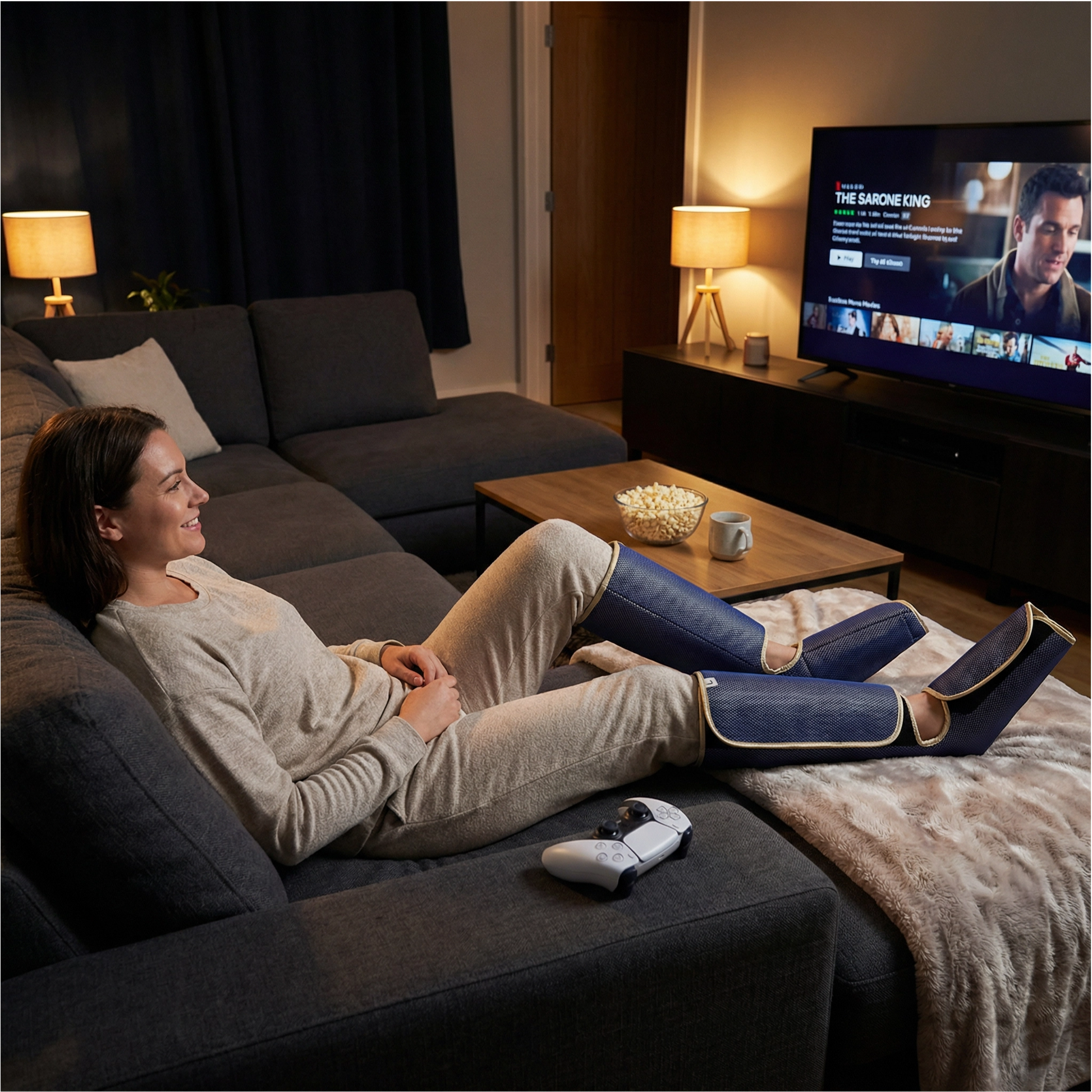 Woman sitting on a couch in a dimly lit room watching TV.