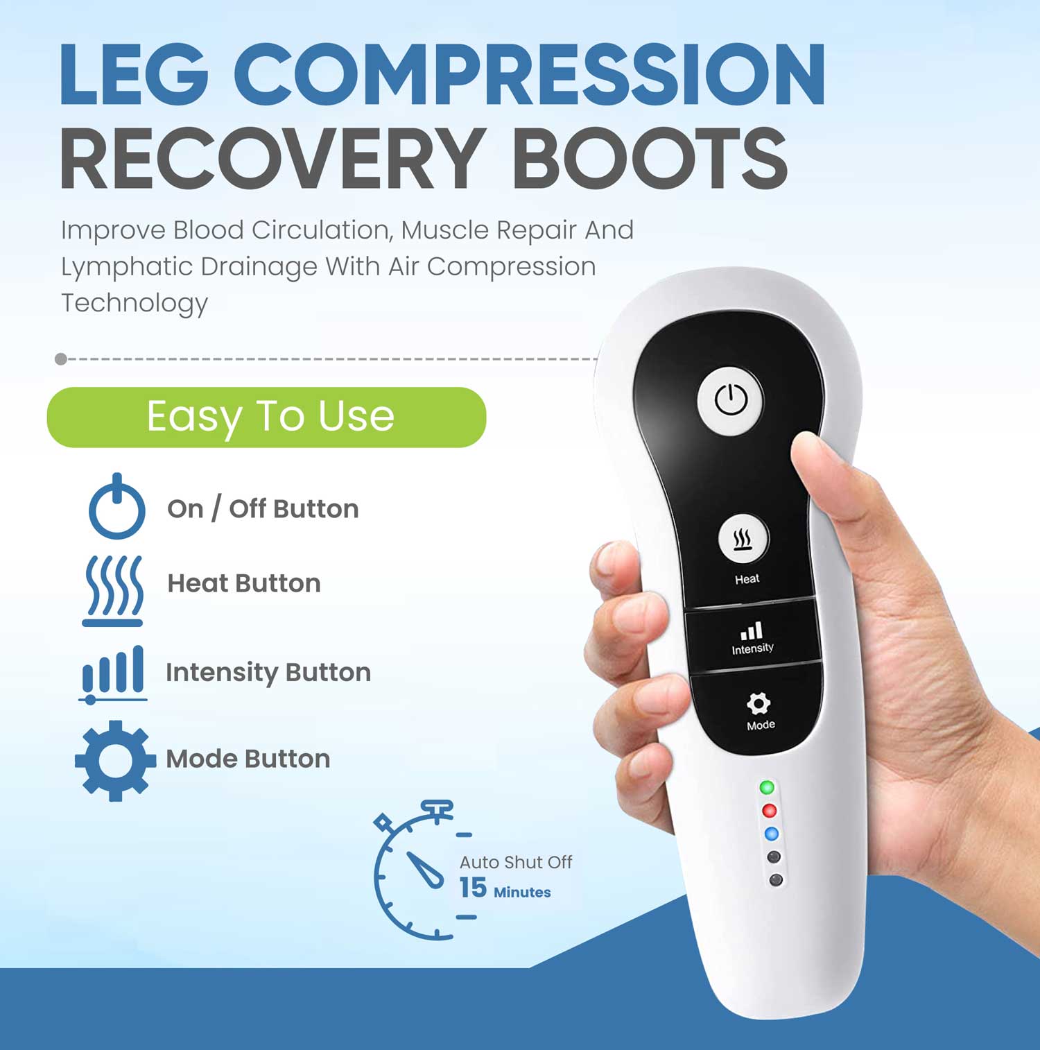Leg compression recovery boot with control panel held by a hand on a blue background