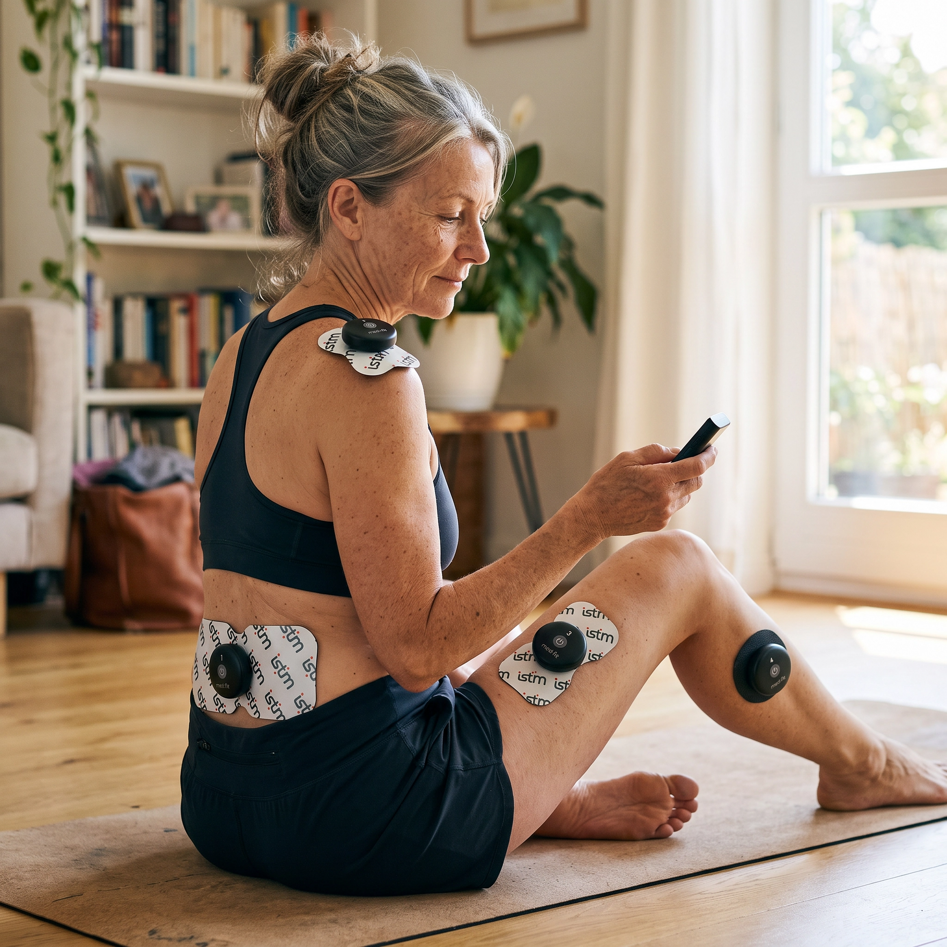 A woman sits on a yoga mat in a bright living room, using a smartphone while wearing black athletic shorts and a black sports bra with adhesive electrode pads applied to her back, hip, and thigh.