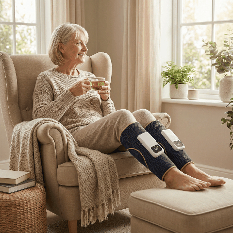Woman sitting in a chair with leg massagers, holding a drink, in a cozy living room.