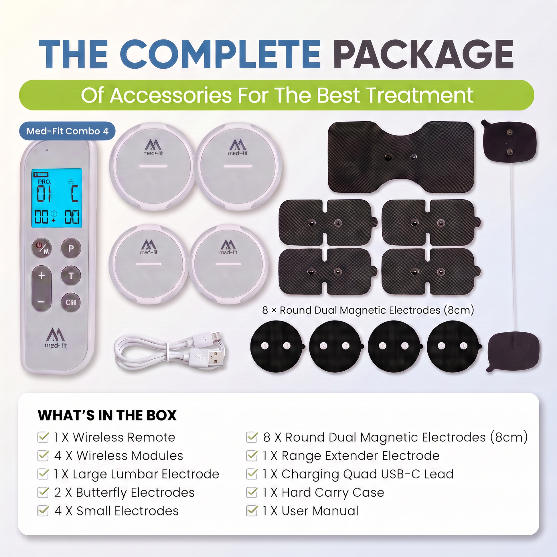 A product package layout for a massage treatment set, showing a remote control, four round wireless pads, four large lumbar pads, four small electrodes, a charging cable, a range extender, a hard carry case, and accessories on a white background with text reading 'THE COMPLETE PACKAGE' and a 'WHAT'S IN THE BOX' list.