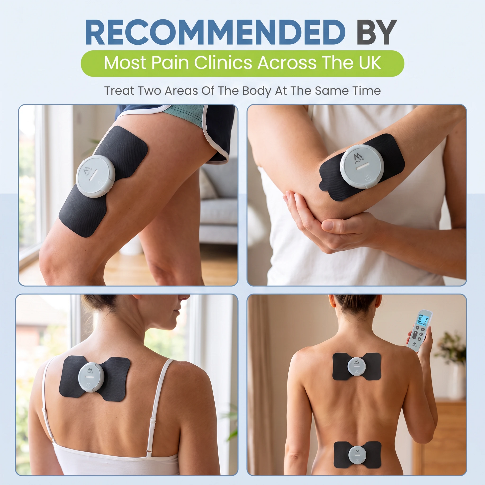 A four-panel promotional collage showing a black and white muscle stimulator patch applied to different body areas: upper thigh, upper arm, upper back, and full back. The top of the image includes the text 'RECOMMENDED BY Most Pain Clinics Across The UK' and smaller descriptive copy.