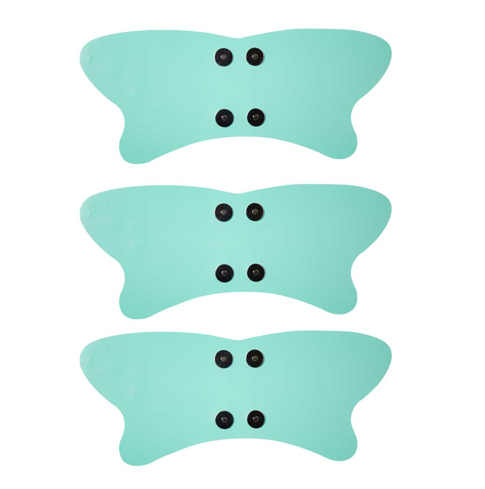 Three light blue patches with black buttons on a white background