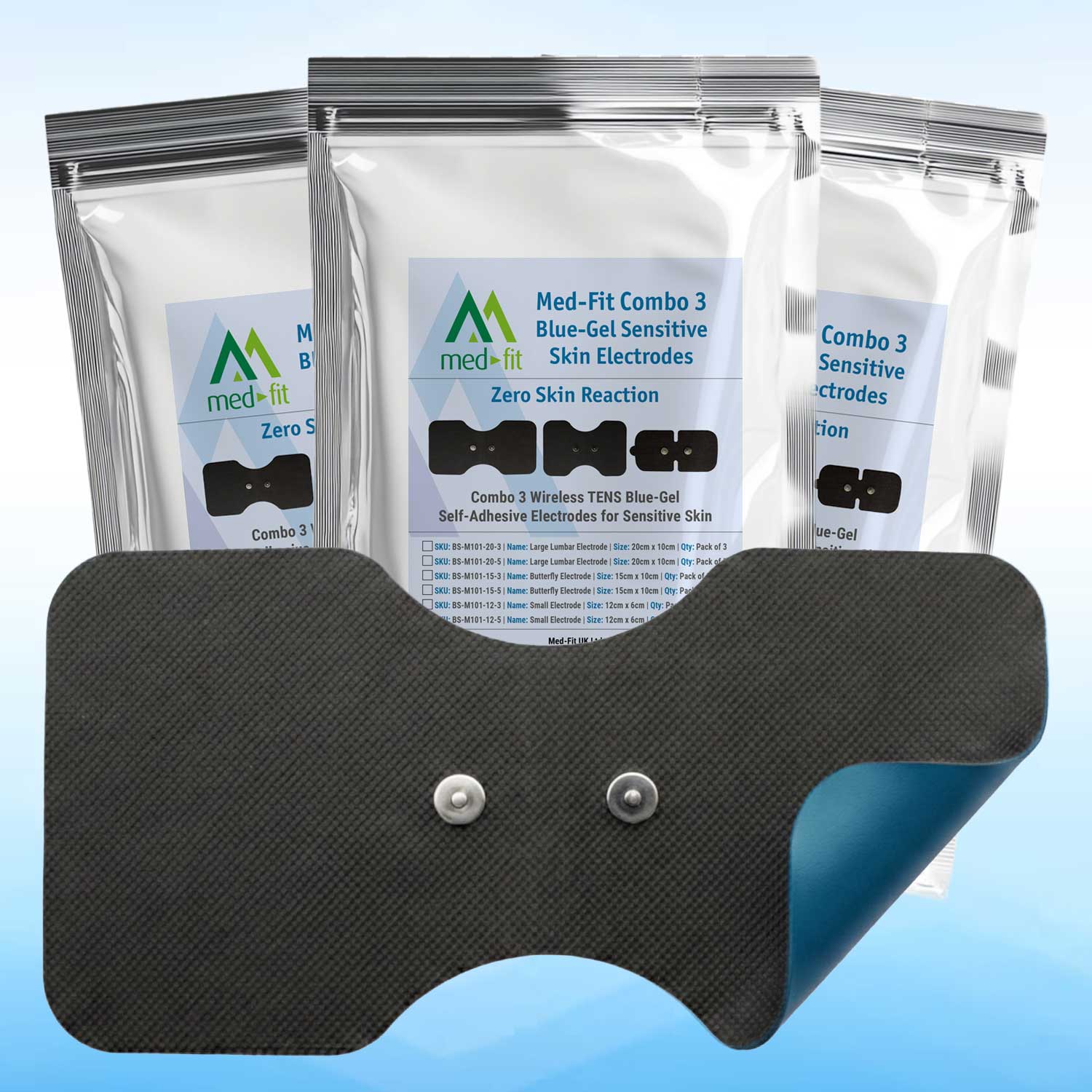 Med-fit combo 3 blue-gel sensitive skin electrodes with a black electrode pad on a light blue background