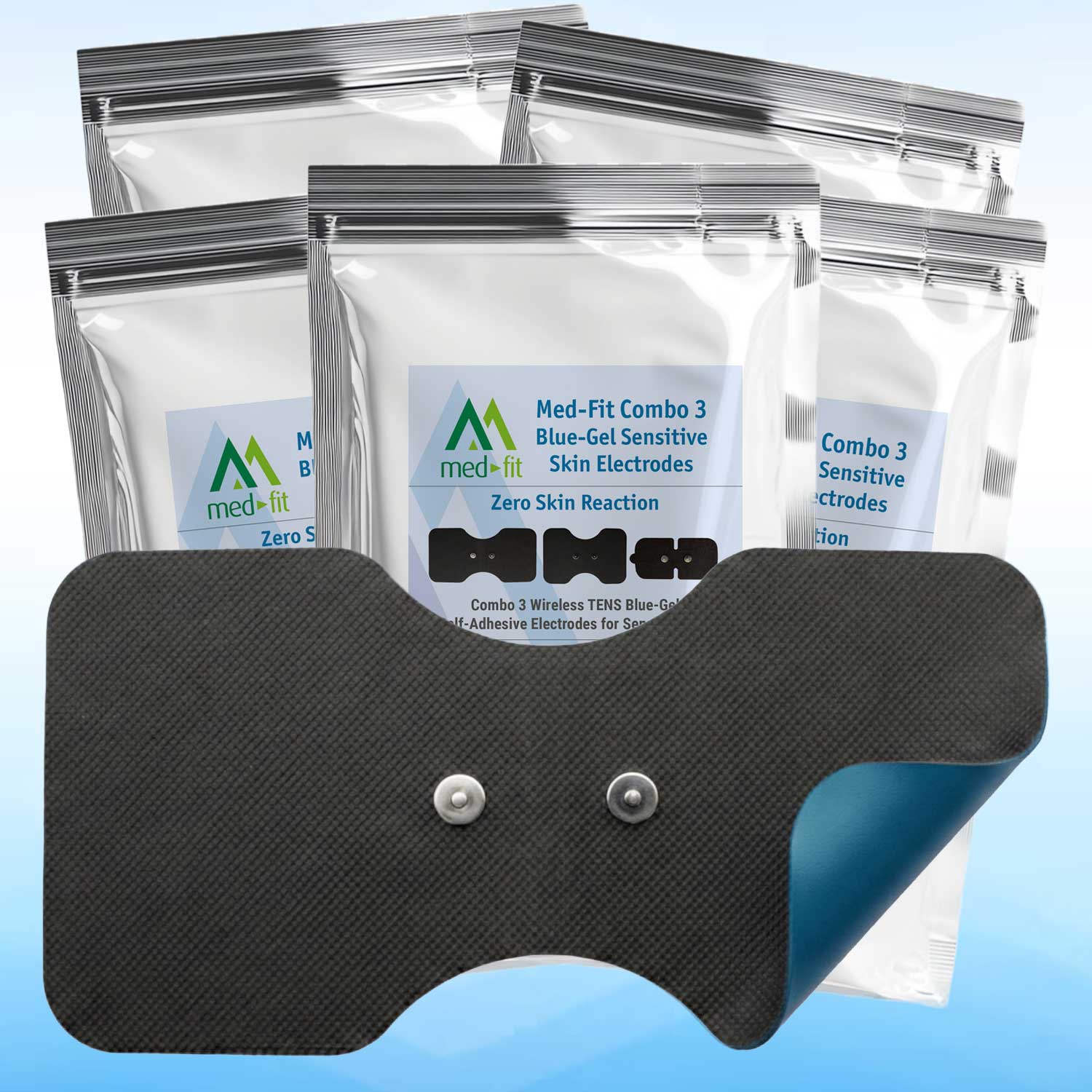 Med-Fit Combo 3 Blue-Gel Sensitive Skin Electrodes with adhesive patch on a blue background
