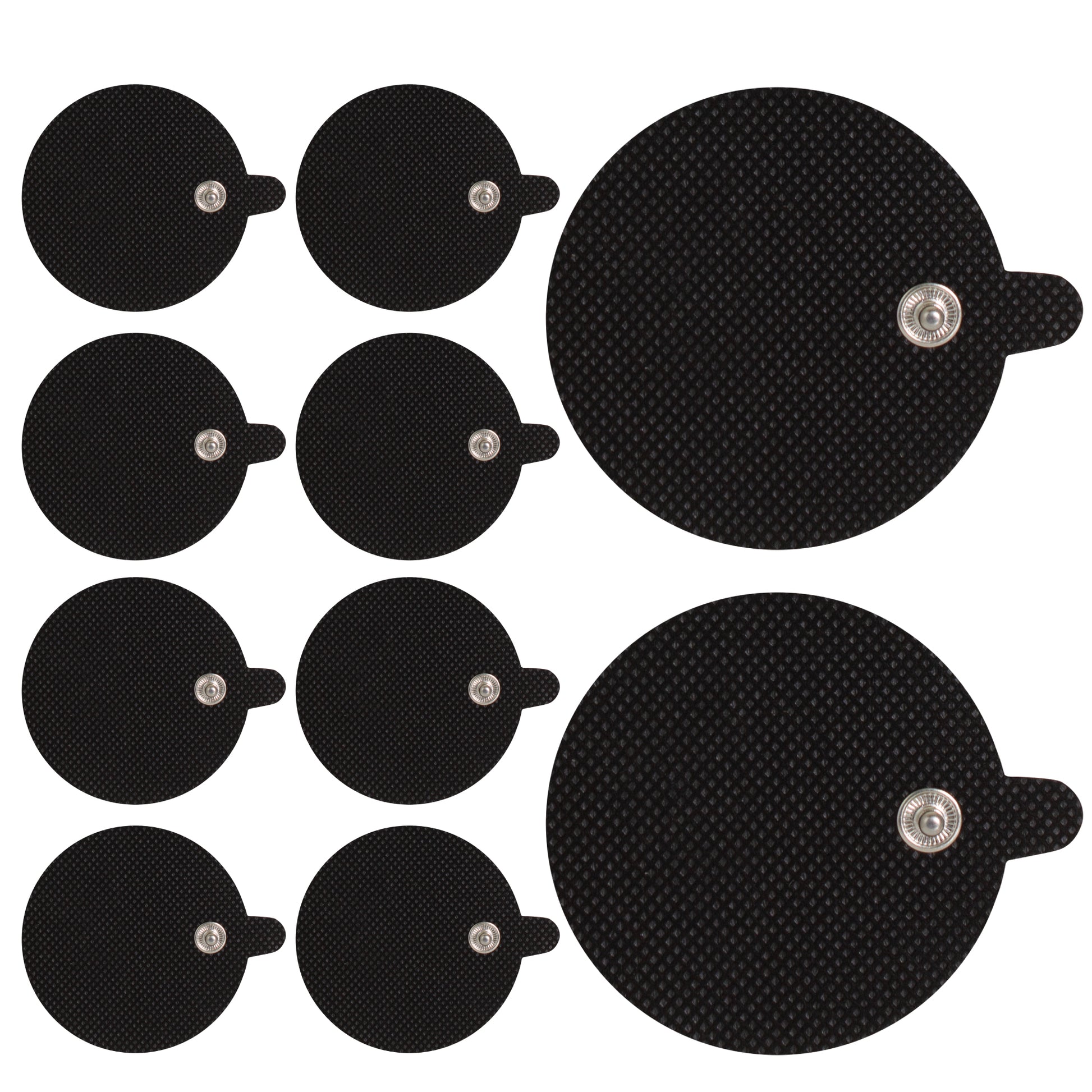 Set of black adhesive patches with silver straps on a white background