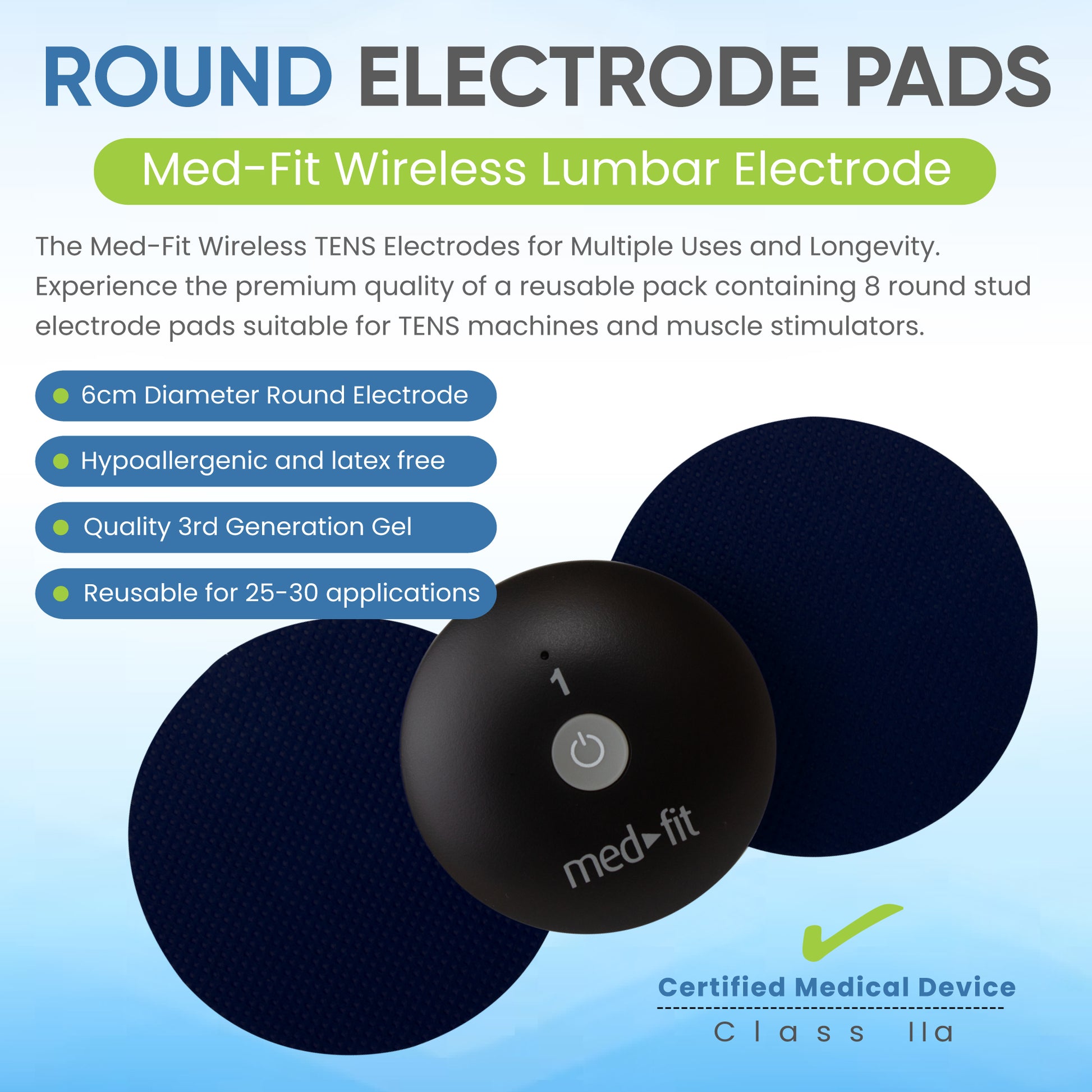 Round electrode pads with Med-Fit branding on a blue background