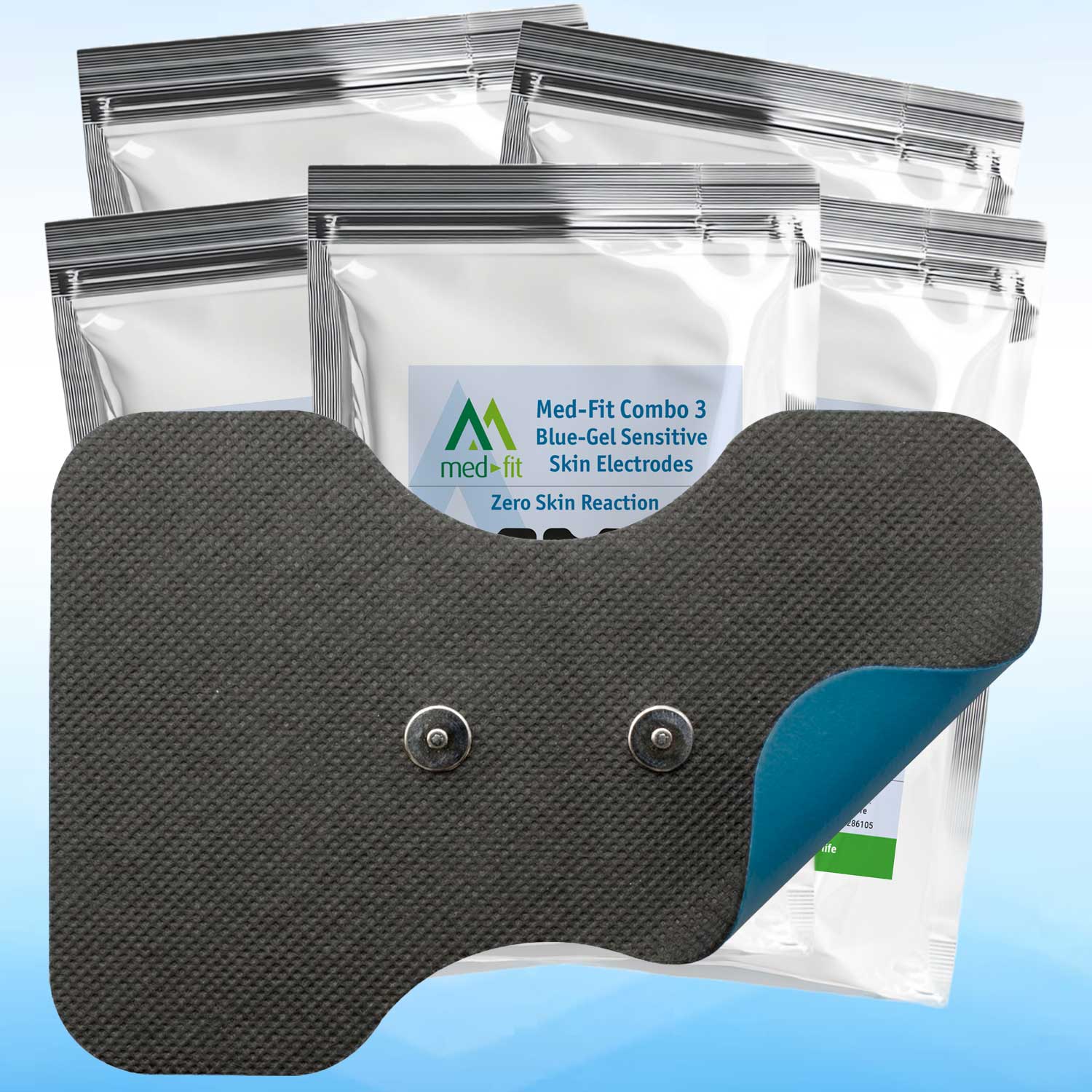Electrode pad with packaging labeled 'Med-Fit Combo 3' on a light blue background