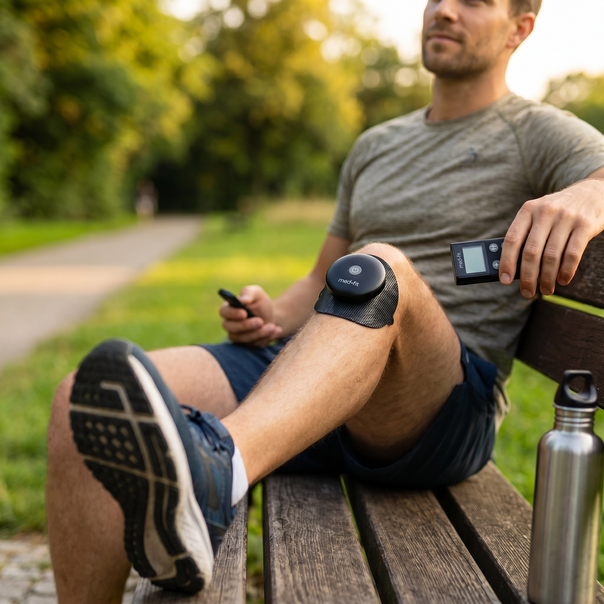 A man sitting on a wooden park bench wearing a black circular knee muscle stimulator device on his knee, with a smartphone in his hand and a metal water bottle nearby.