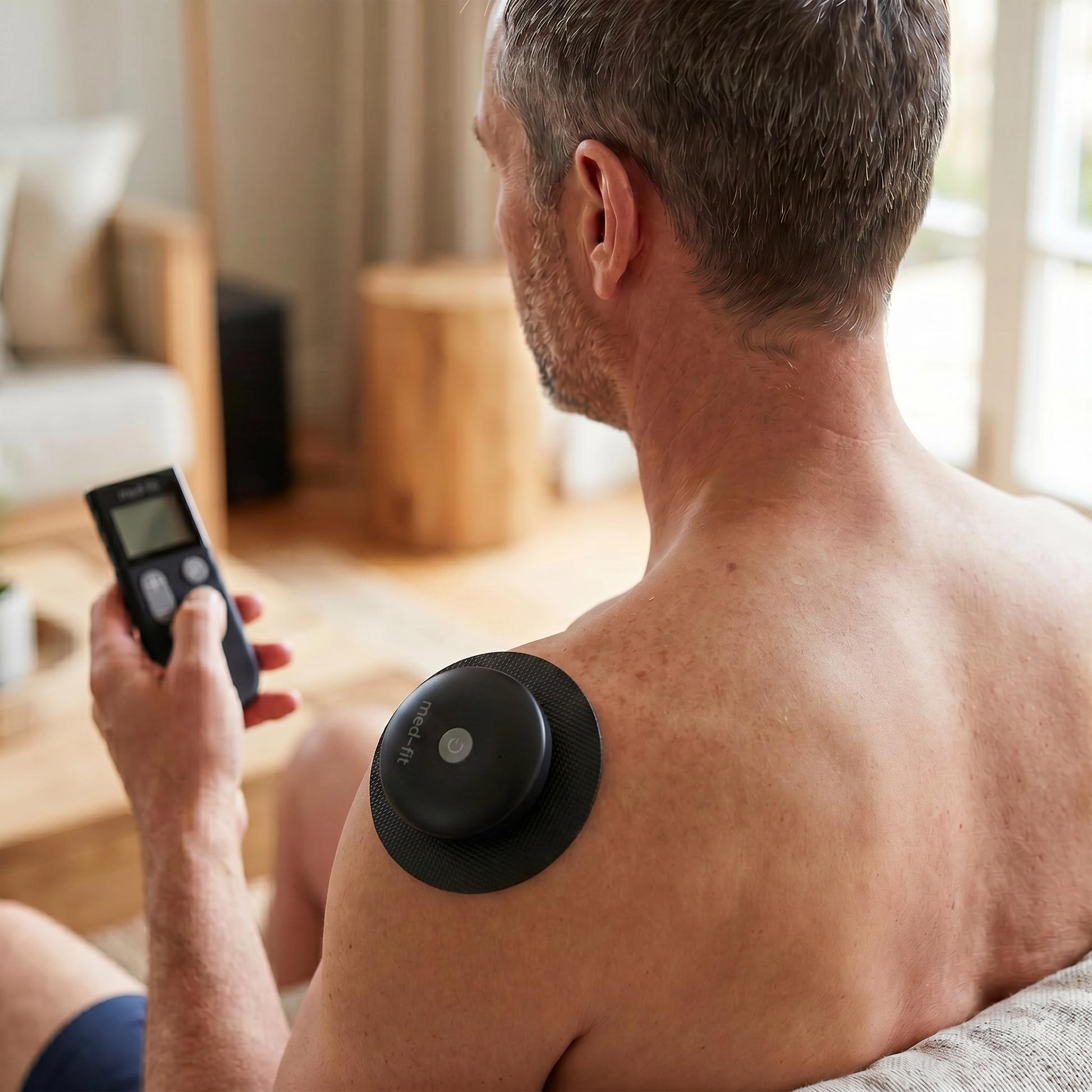 A man shown from behind in a home setting, with a black circular shoulder massager device attached to his upper shoulder. He is holding a small remote control in his hand.