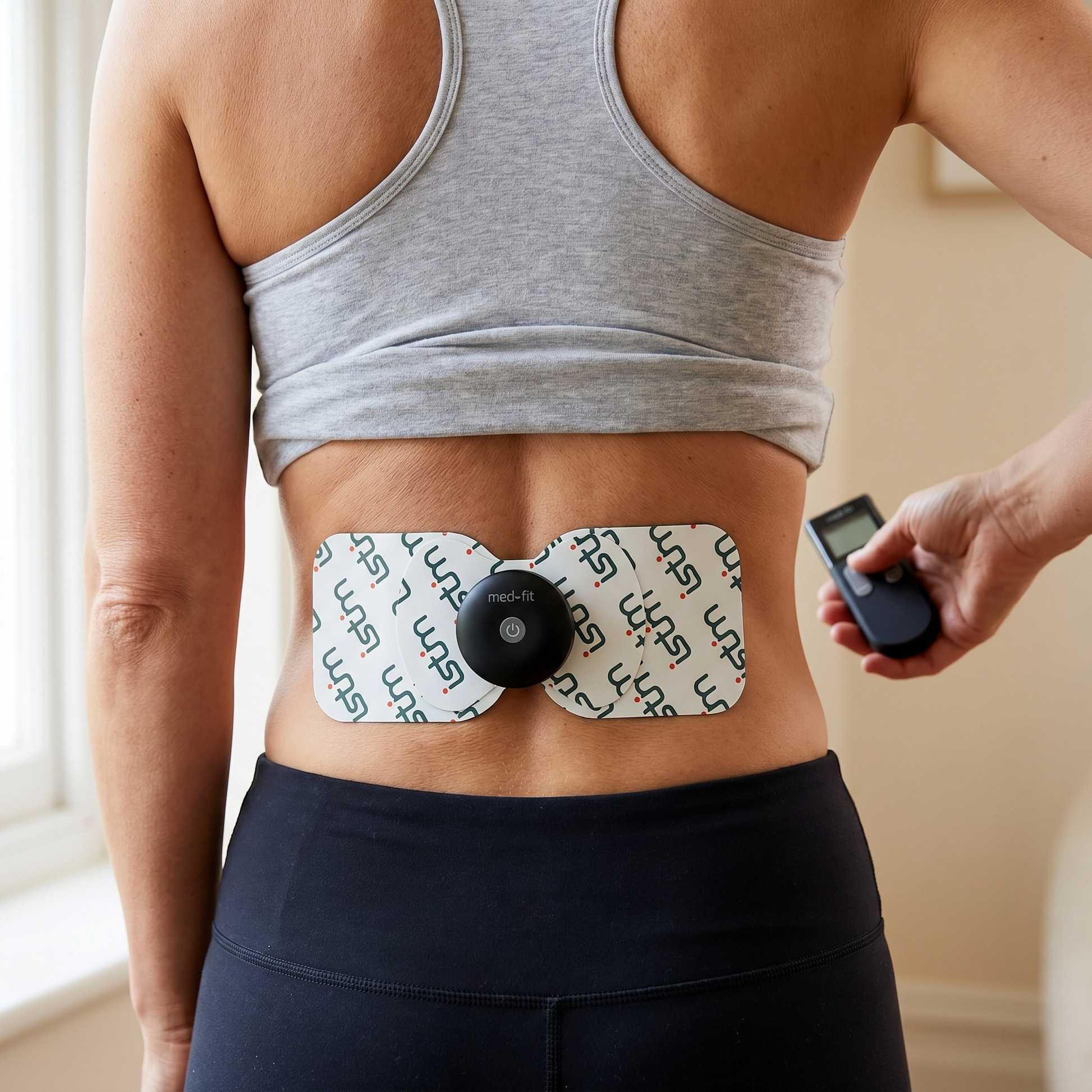 A woman viewed from behind wearing a gray sports bra and black leggings, with a white adhesive electrode strip and a black central module with white sensitive skin electrodes. She is holding a small black handheld device in a bright indoor room.