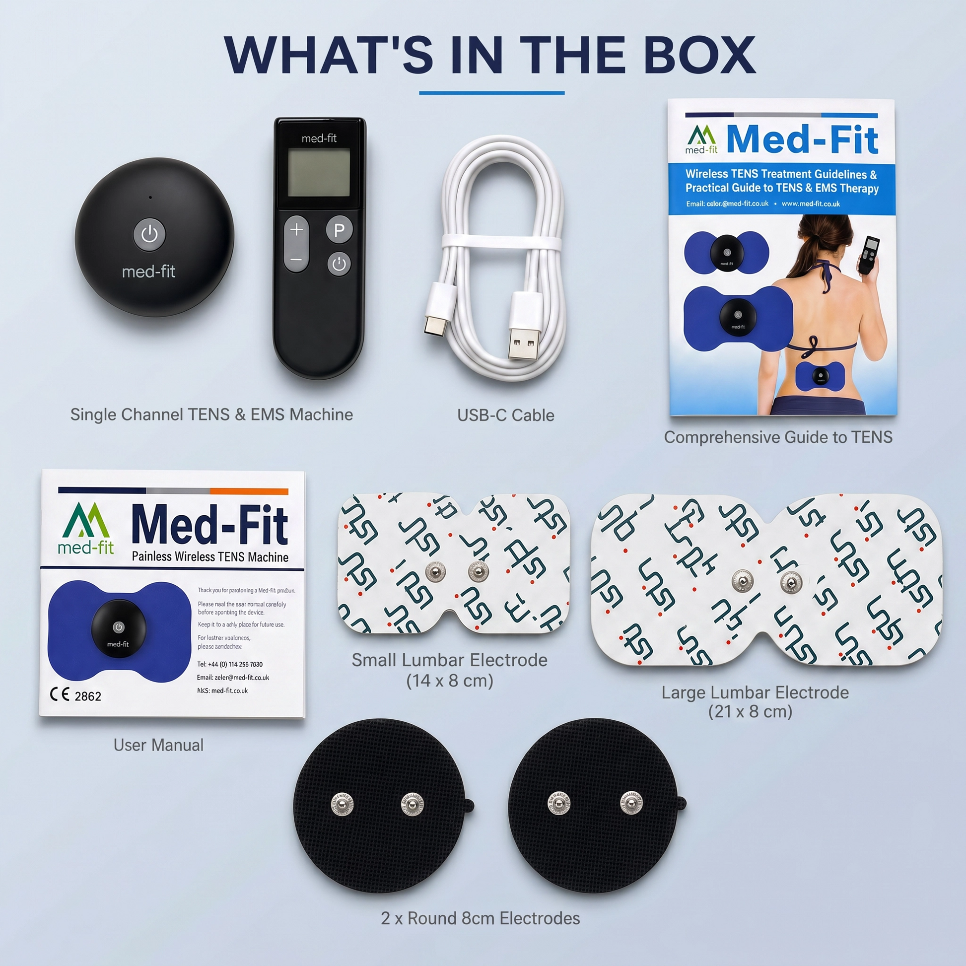 Med-Fit wireless TENS and EMS treatment kit contents arranged on a light blue background under the heading 'WHAT'S IN THE BOX'. Visible items include a black single-channel TENS and EMS machine, a white USB-C cable, a comprehensive guide booklet, a user manual, two small lumbar electrode pads, one large lumbar electrode pad, and two round black electrode pads.