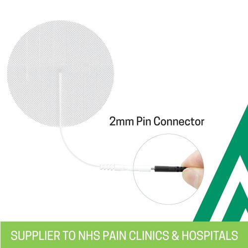 A circular white electrode pad with a thin white cable and a 2mm pin connector, shown on a white background with a close-up inset of the connector and text reading '2mm Pin Connector'.