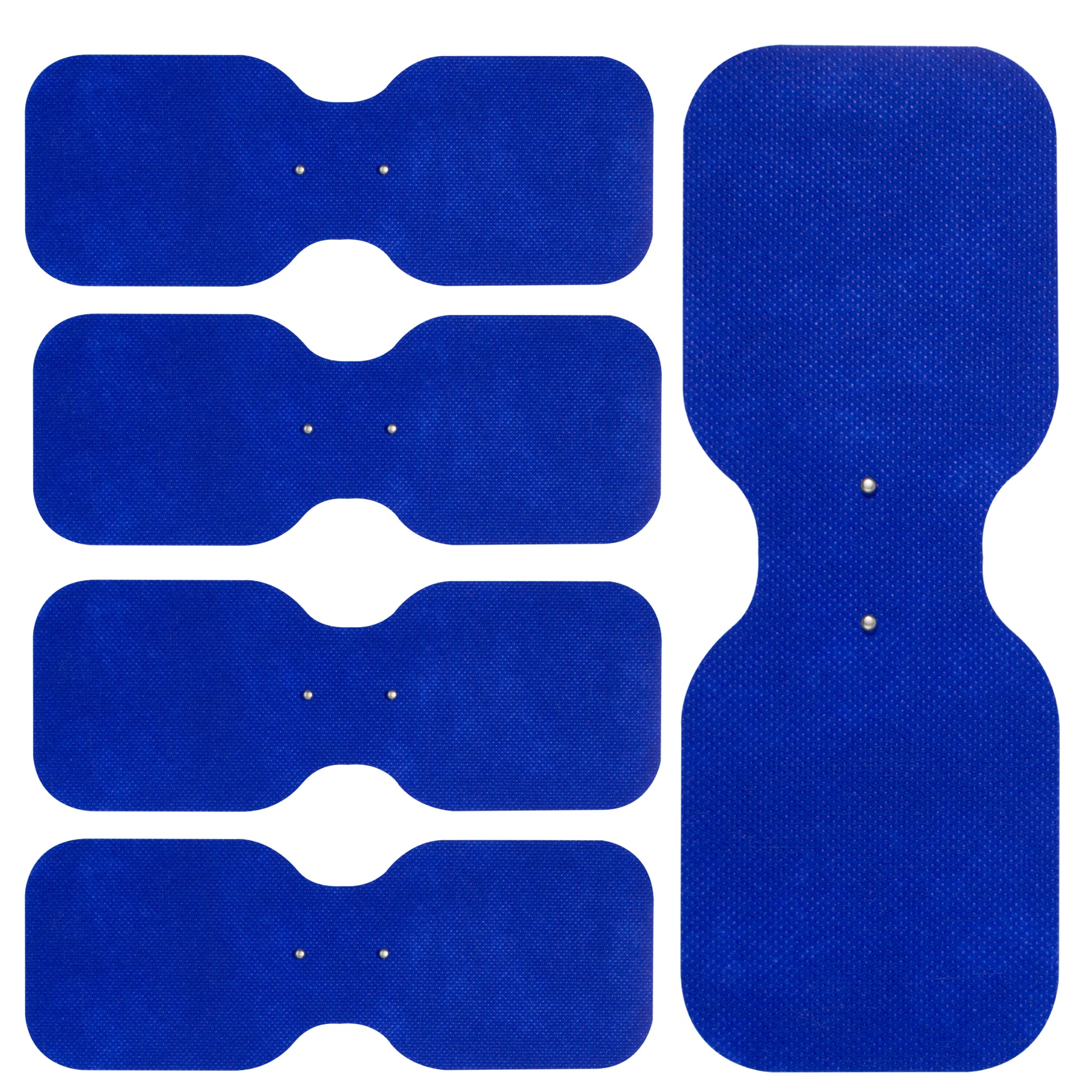 Set of blue electronic muscle stimulator pads on a white background
