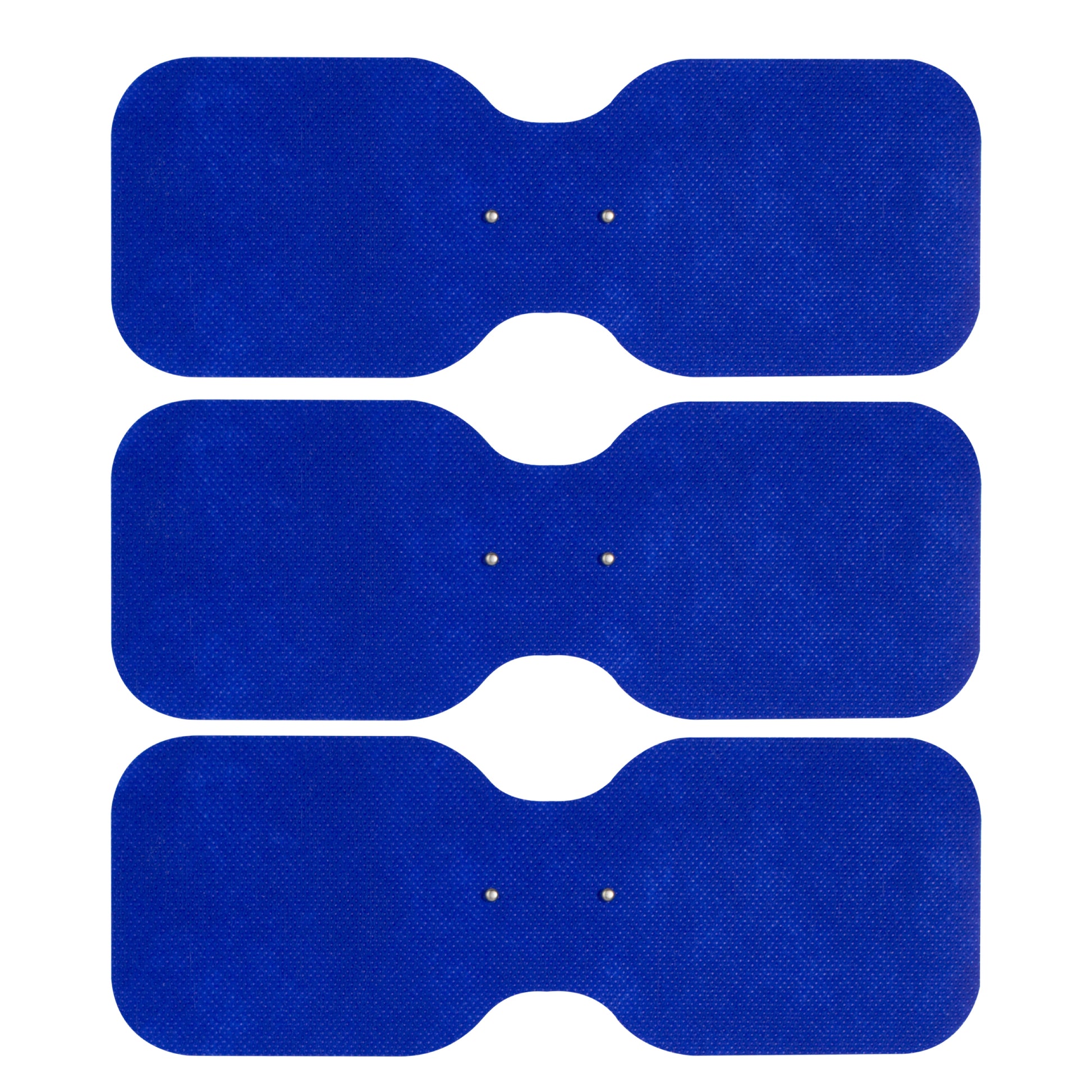 Three blue adhesive patches on a white background