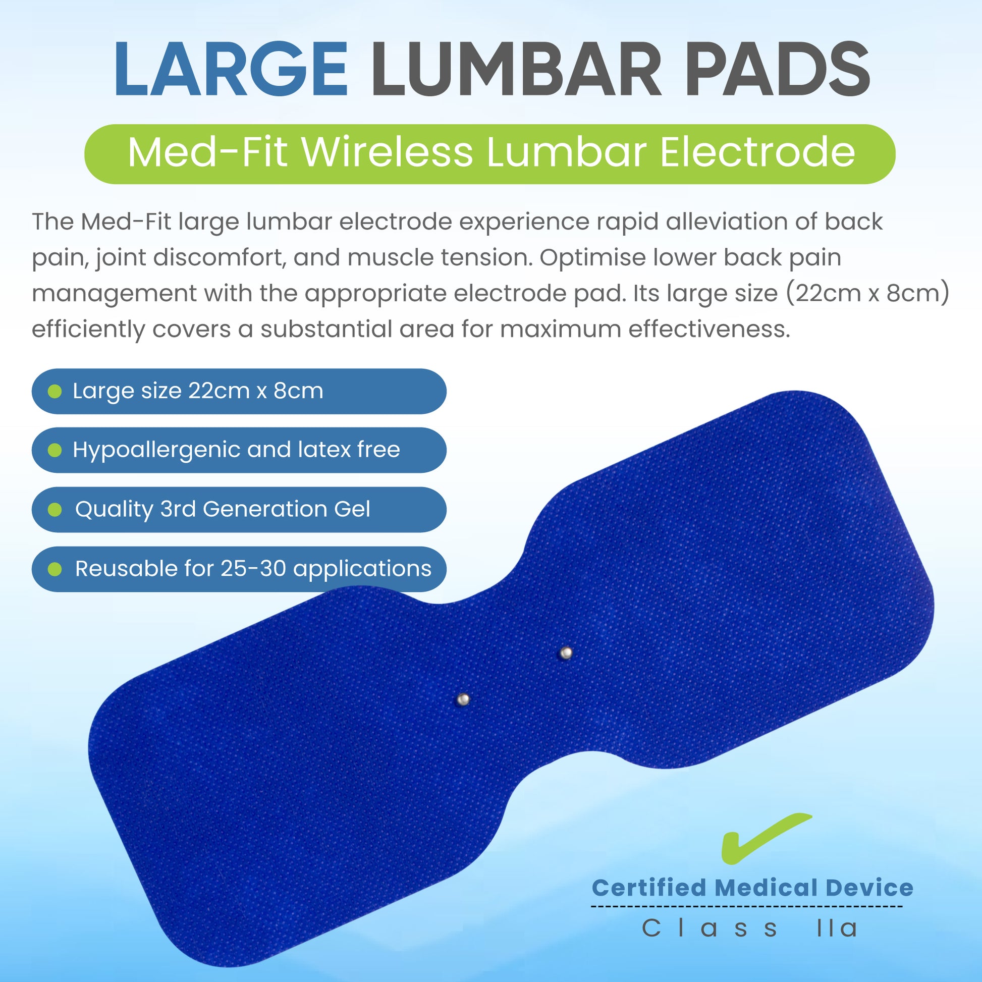 Large lumbar pad with text detailing its features and benefits on a blue background
