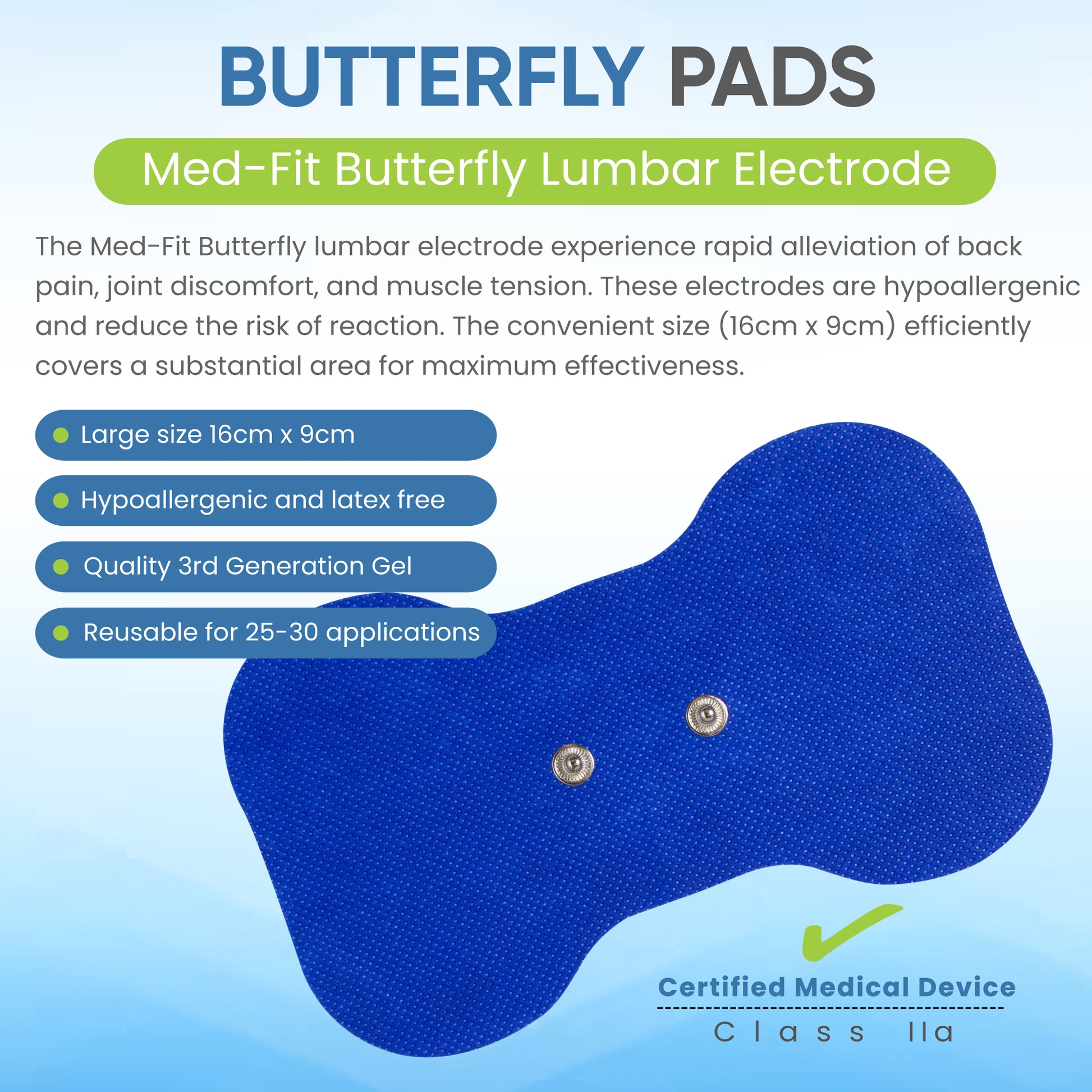 Blue butterfly pad with text about Med-Fit Butterfly Lumbar Electrode on a light blue background