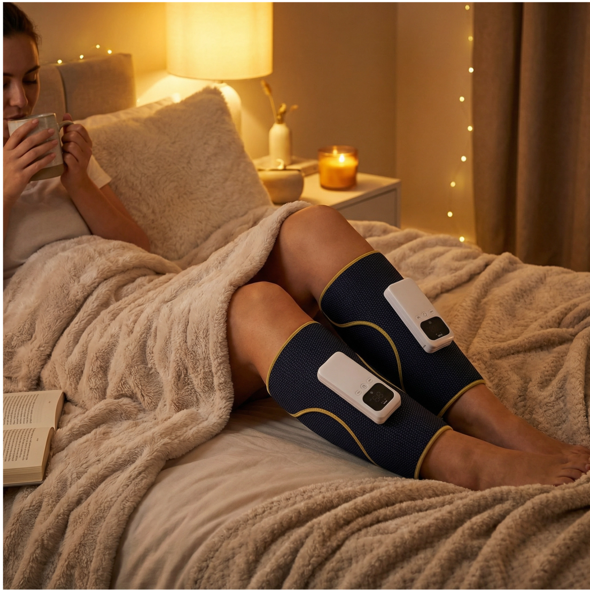 Person lying on a bed with leg massagers, holding a mug in a cozy room.