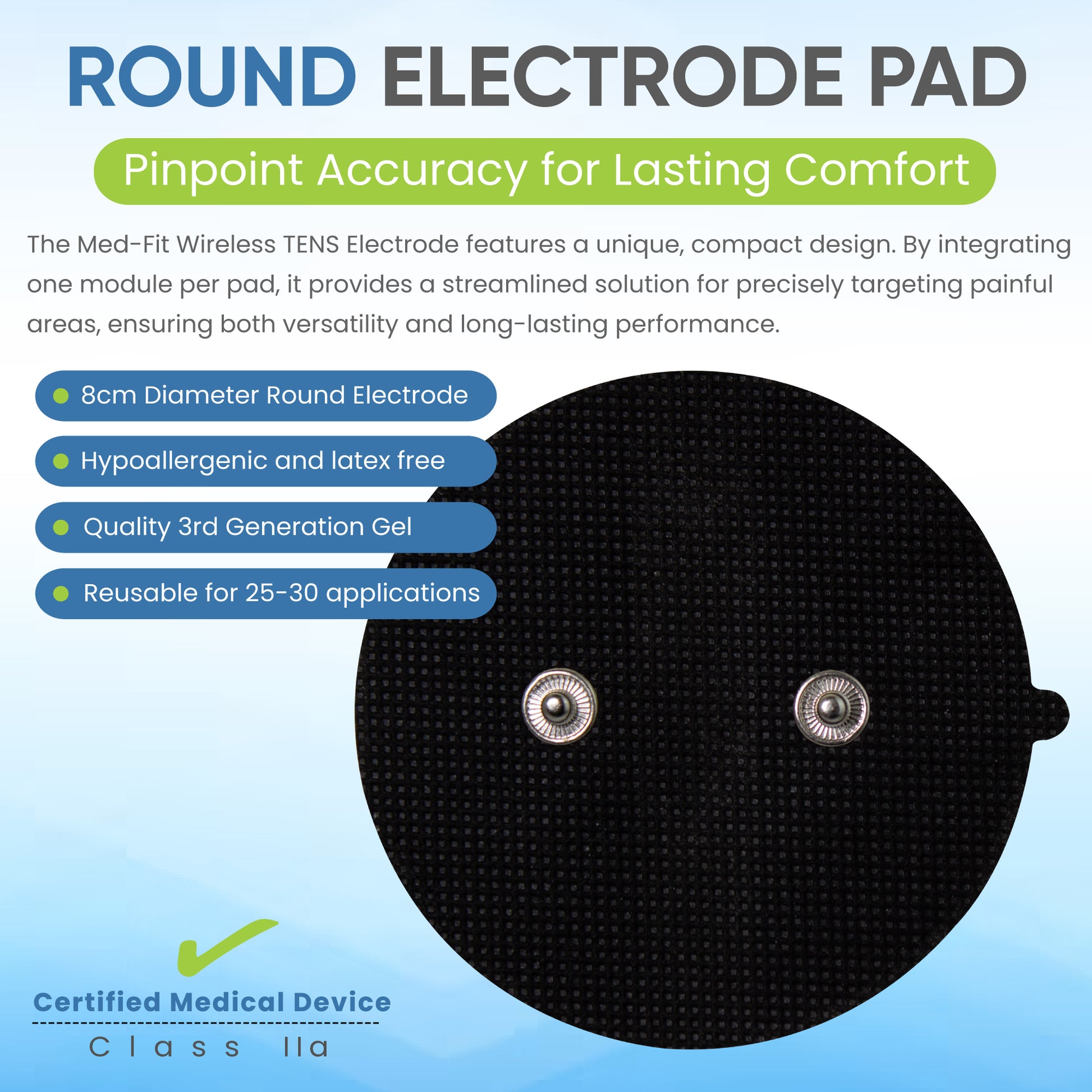 Round electrode pad with text on a blue background