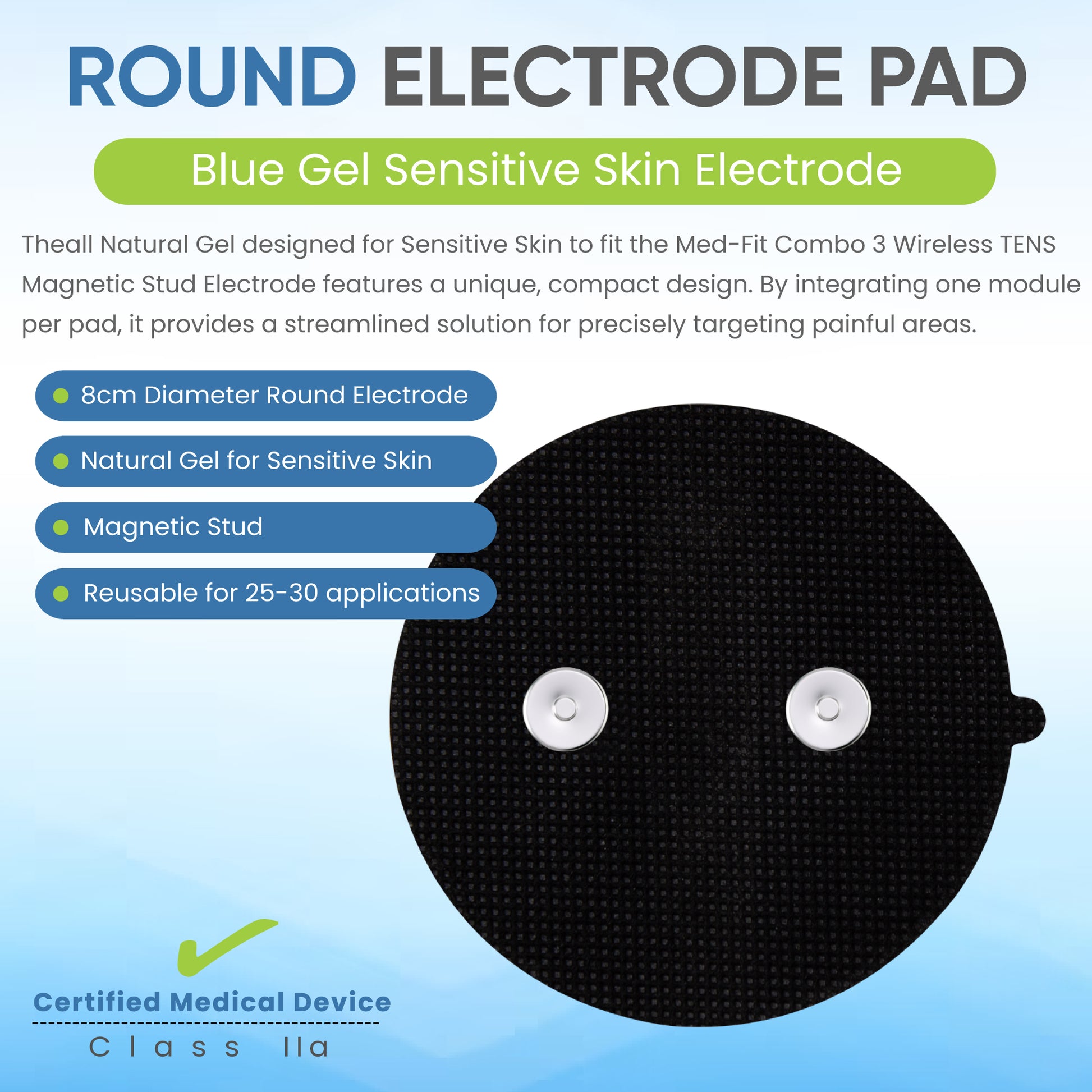 Round electrode pad with text detailing features on a blue background