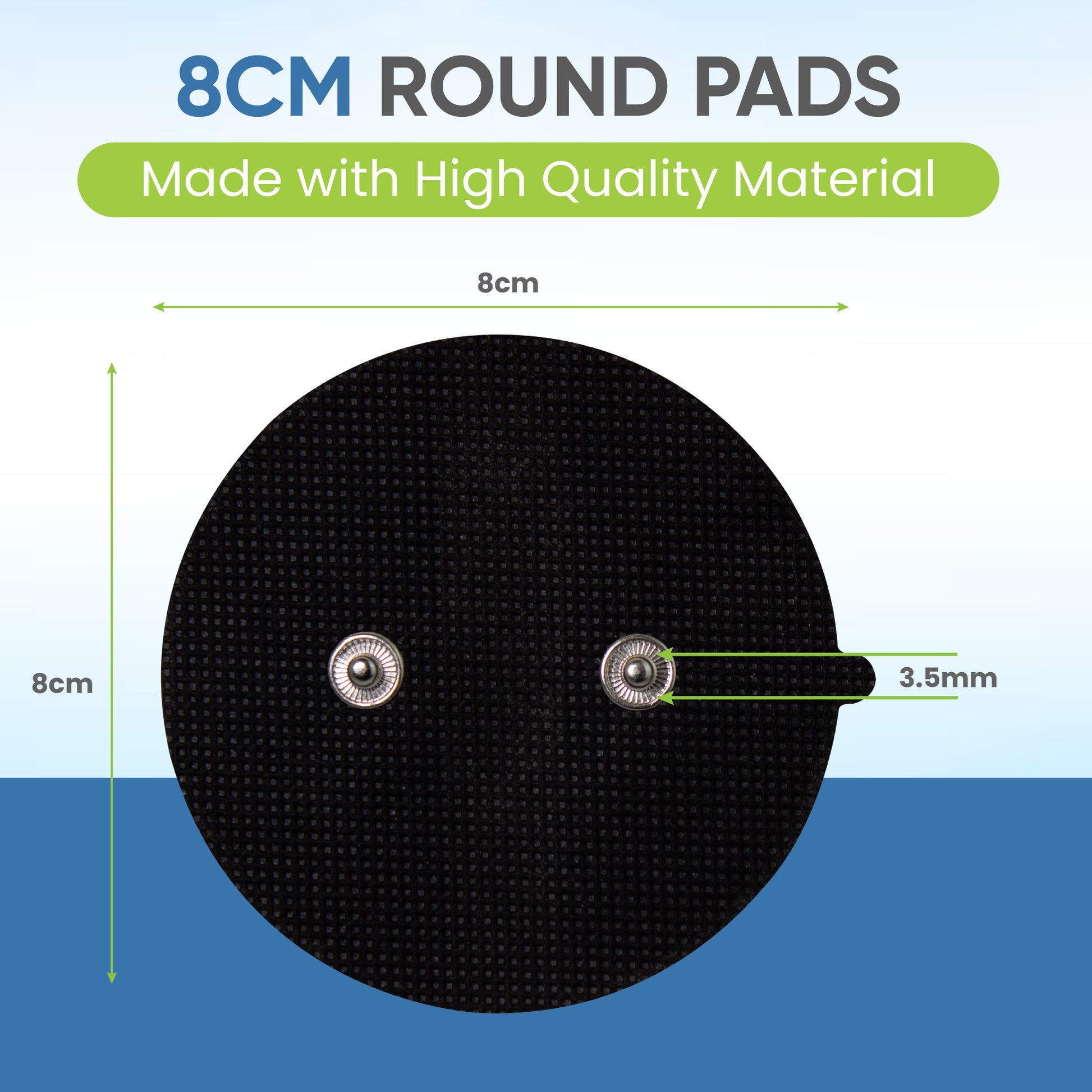 8cm round pad with dimensions and material quality text on a blue and green background