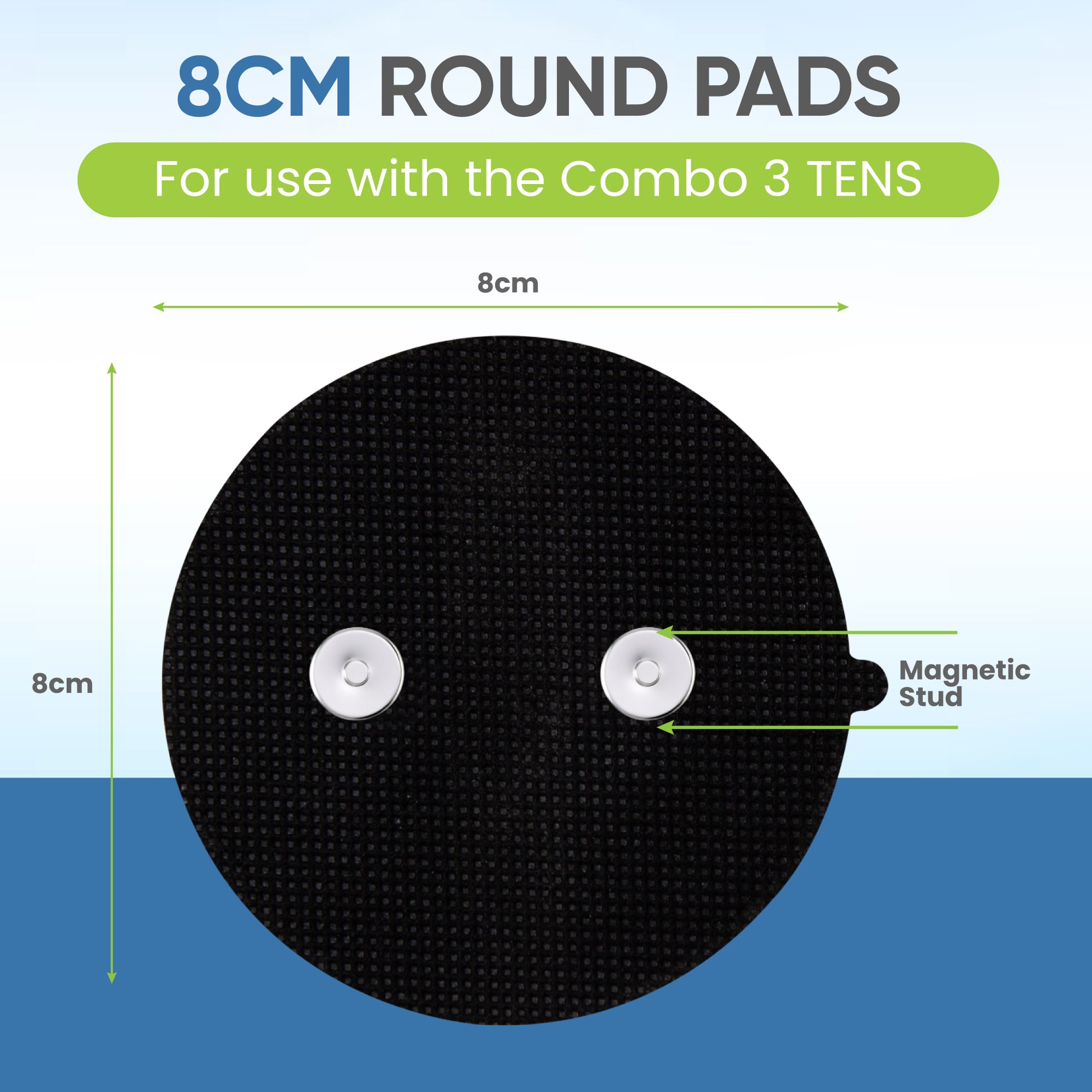 8cm round pad with magnetic stud for Combo 3 TENS device on a blue and green background