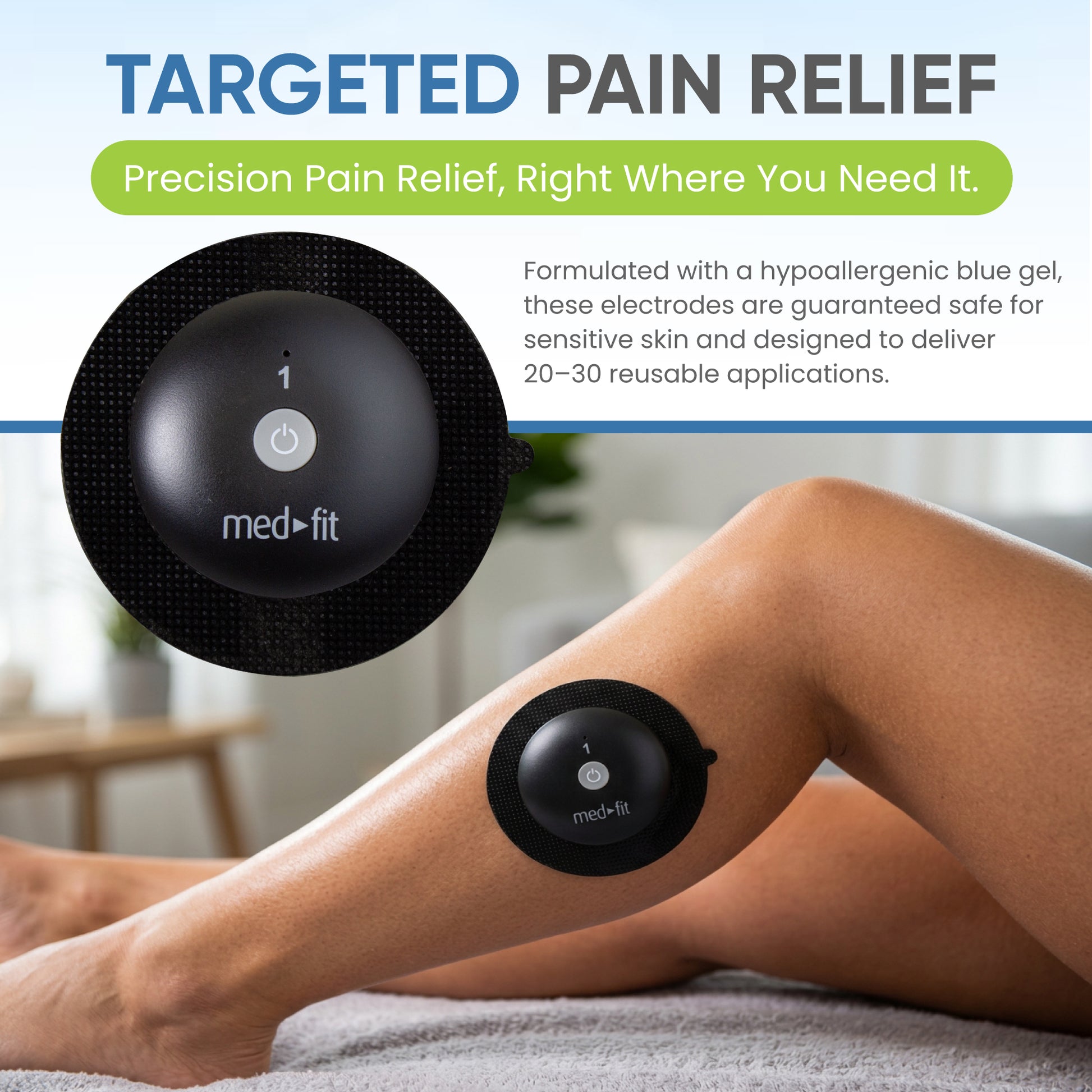 Med-fit targeted pain relief device on a person's leg with text about precision pain relief.