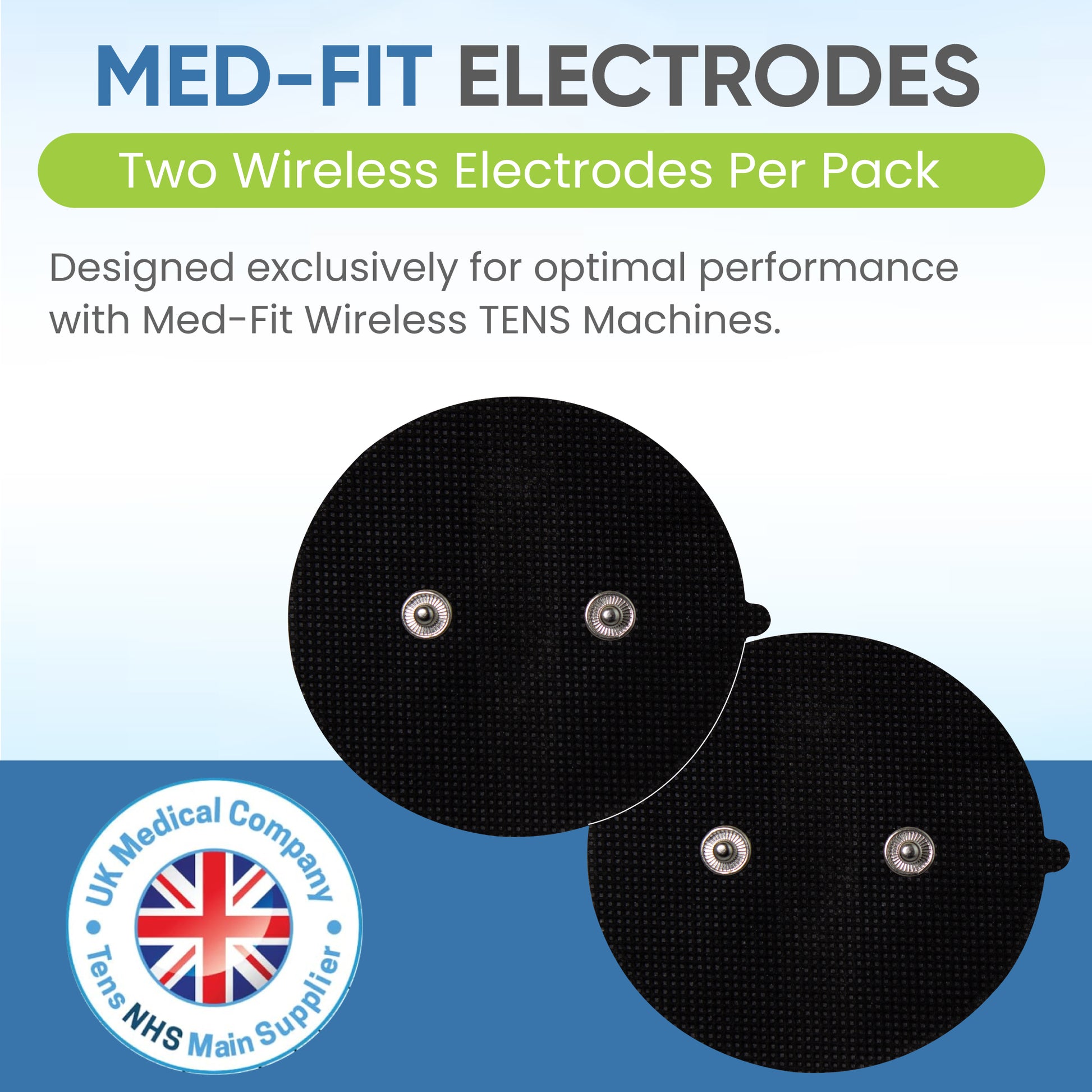Two wireless electrodes for Med-Fit Wireless TENS machines on a blue and white background with branding information.