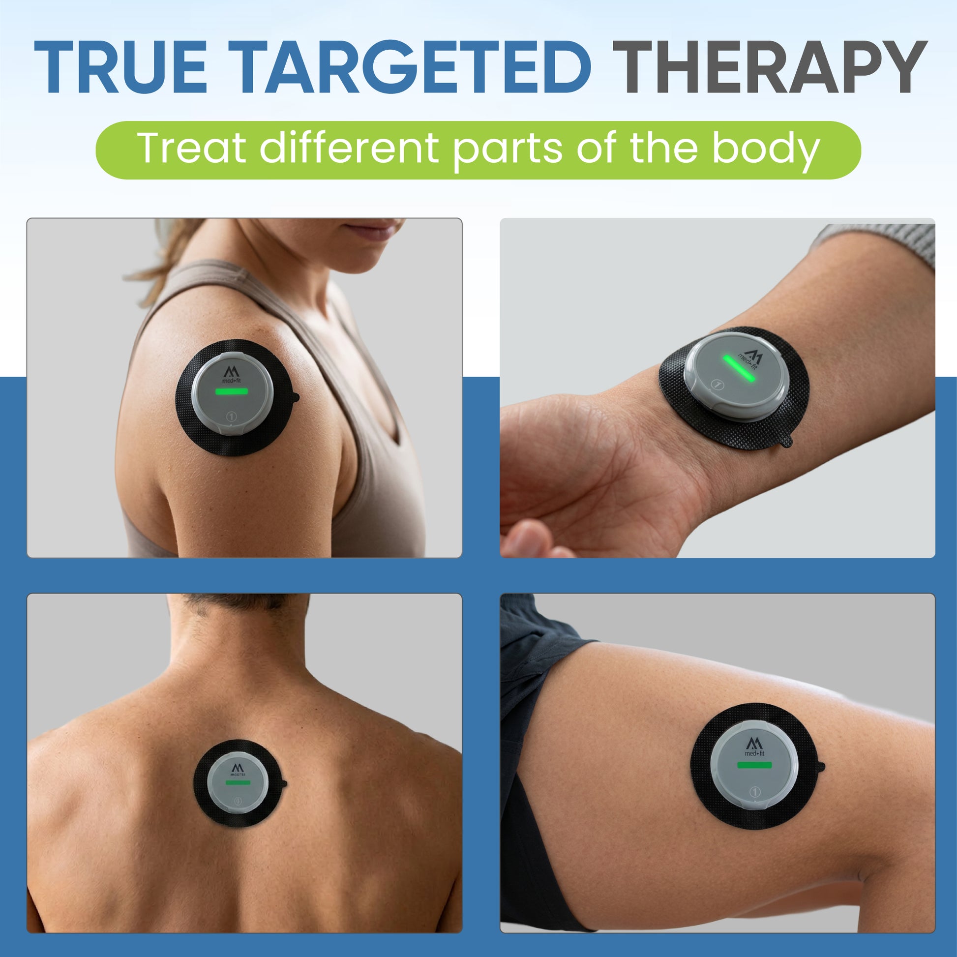 Electronic device applied to various parts of the body for targeted therapy.