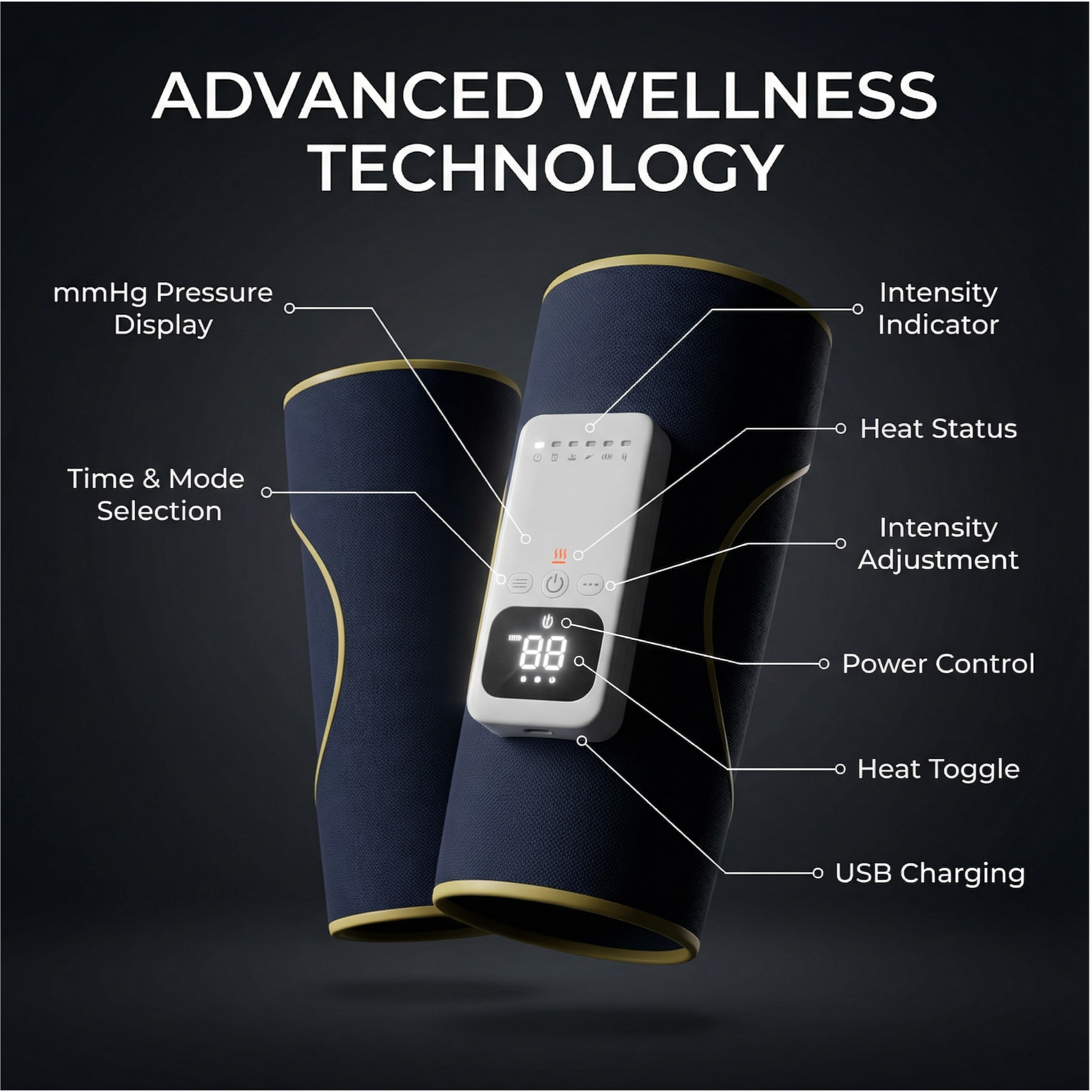 Navy compression sleeve with digital control panel labeled for advanced wellness technology on a dark background.