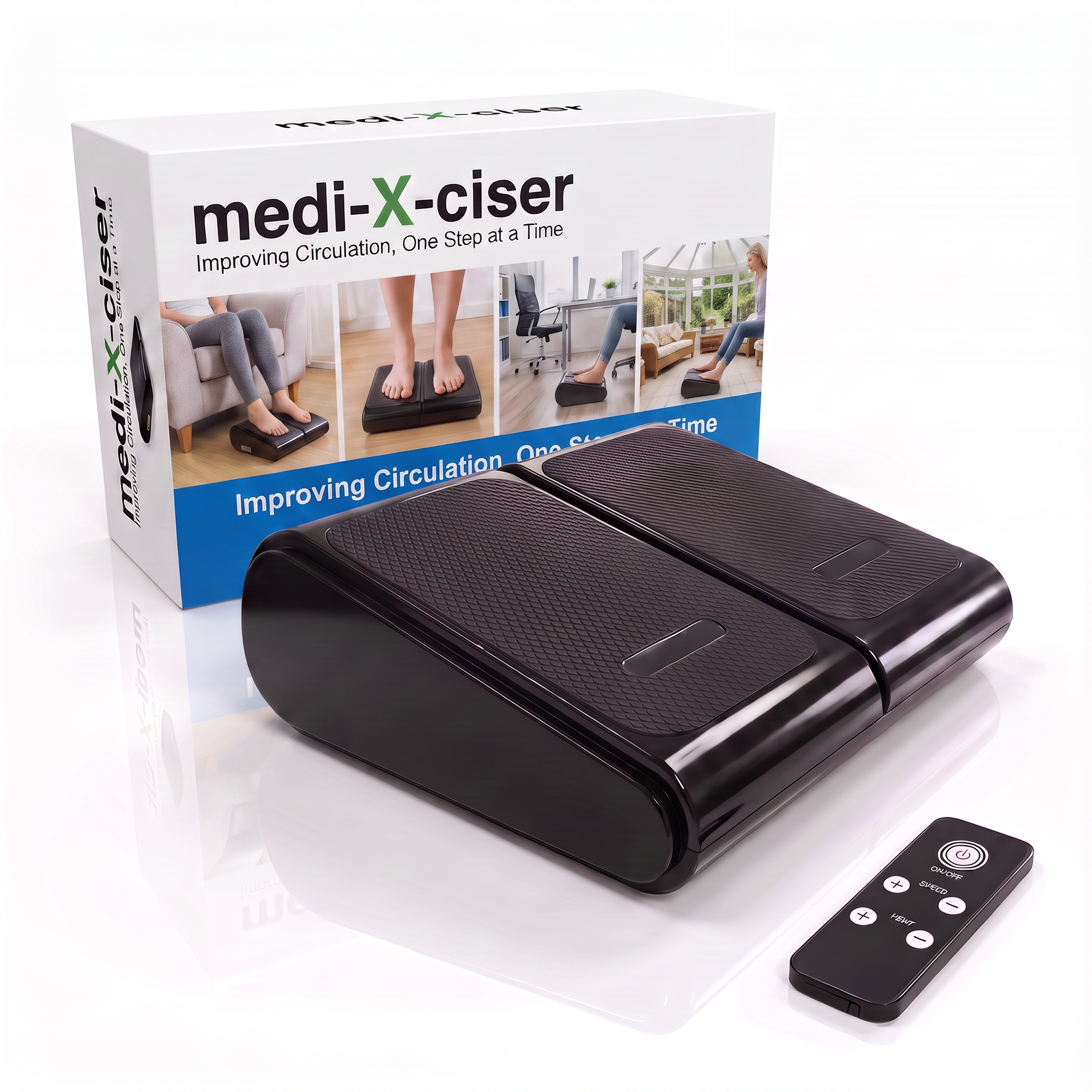 A black dual-step exercise platform with a matching remote control, shown alongside its white and blue Medi-X-ciser retail box on a clean white background.