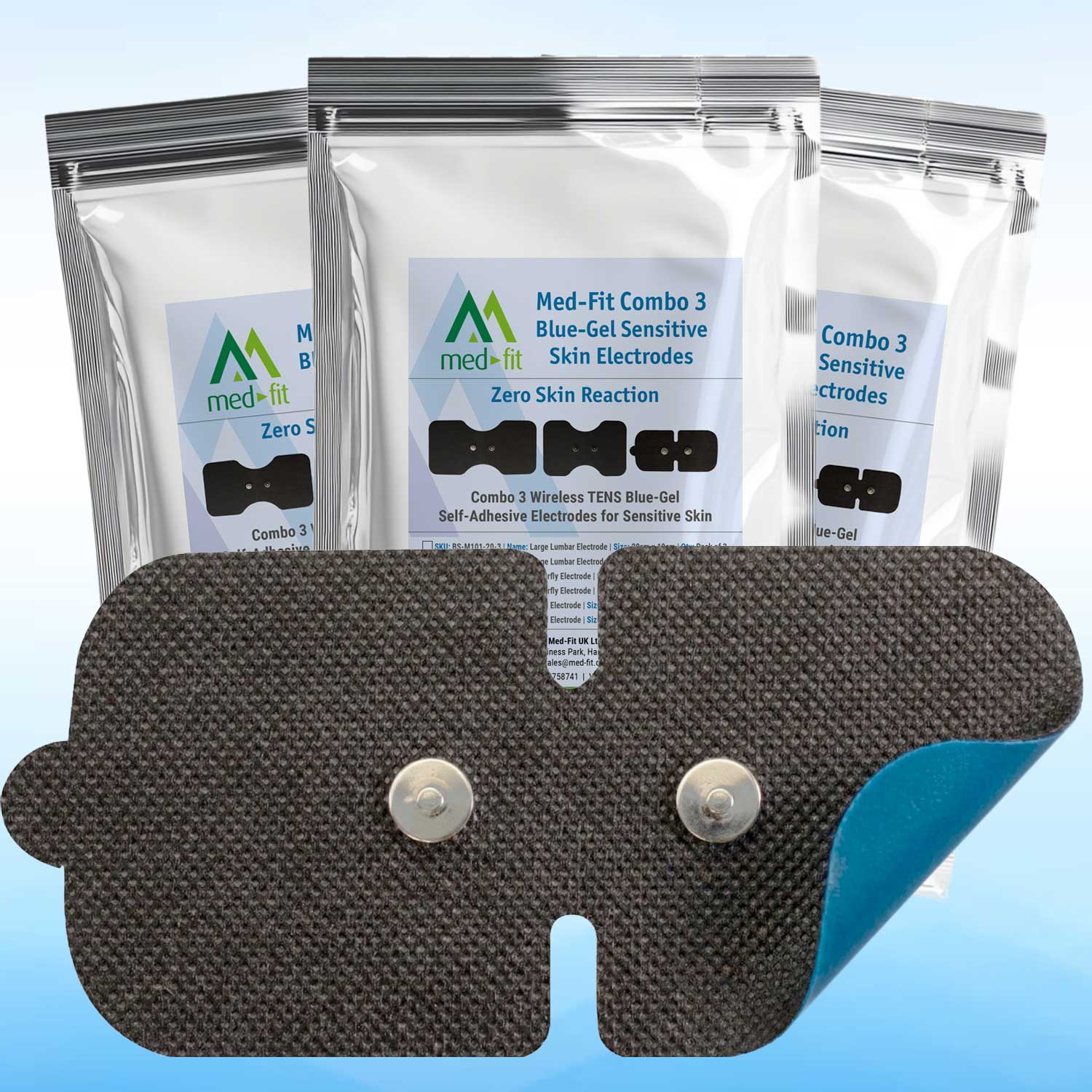 Med-fit combo 3 blue-gel sensitive skin electrodes with packaging on a light blue background