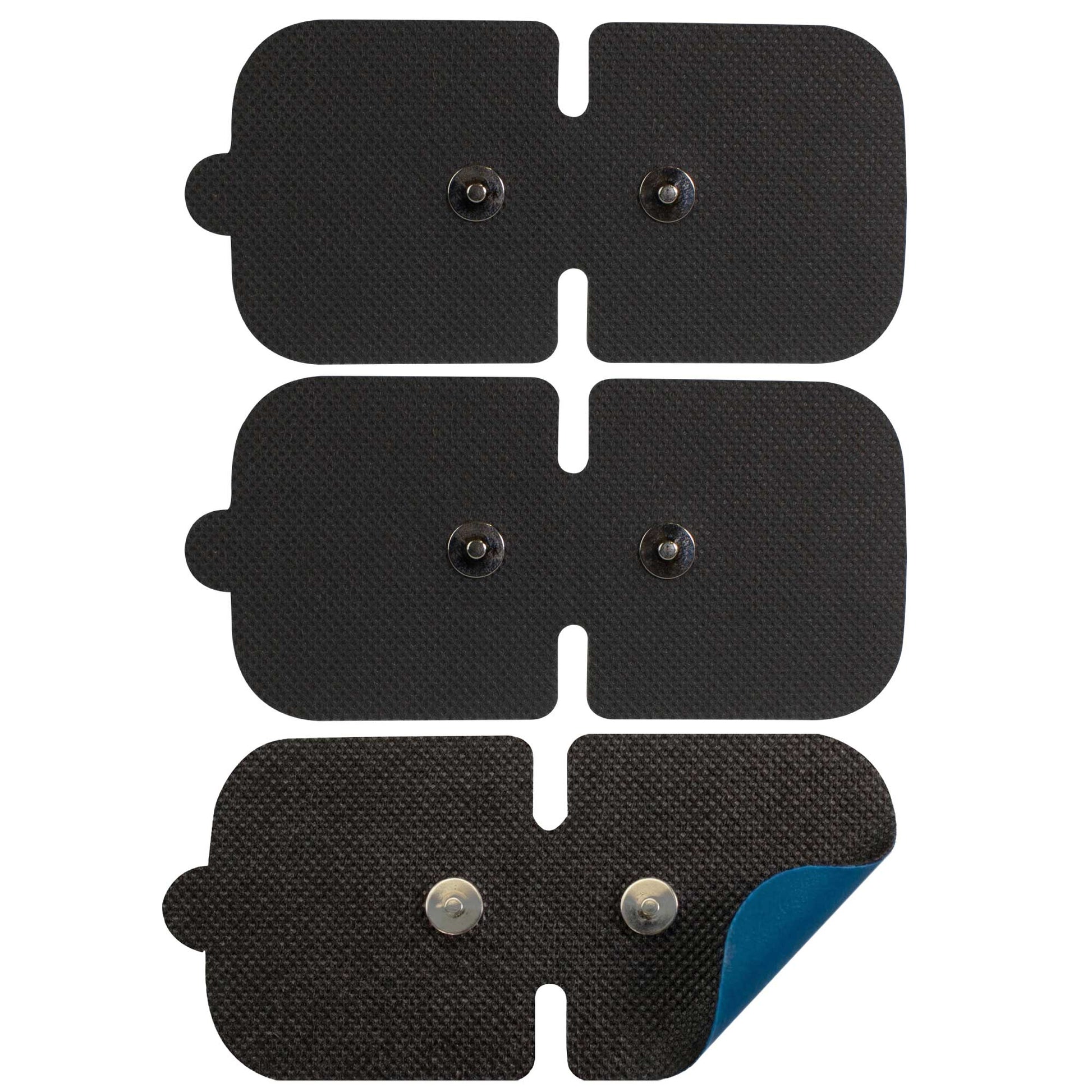 Three black electronic pads with adhesive strips on a white background