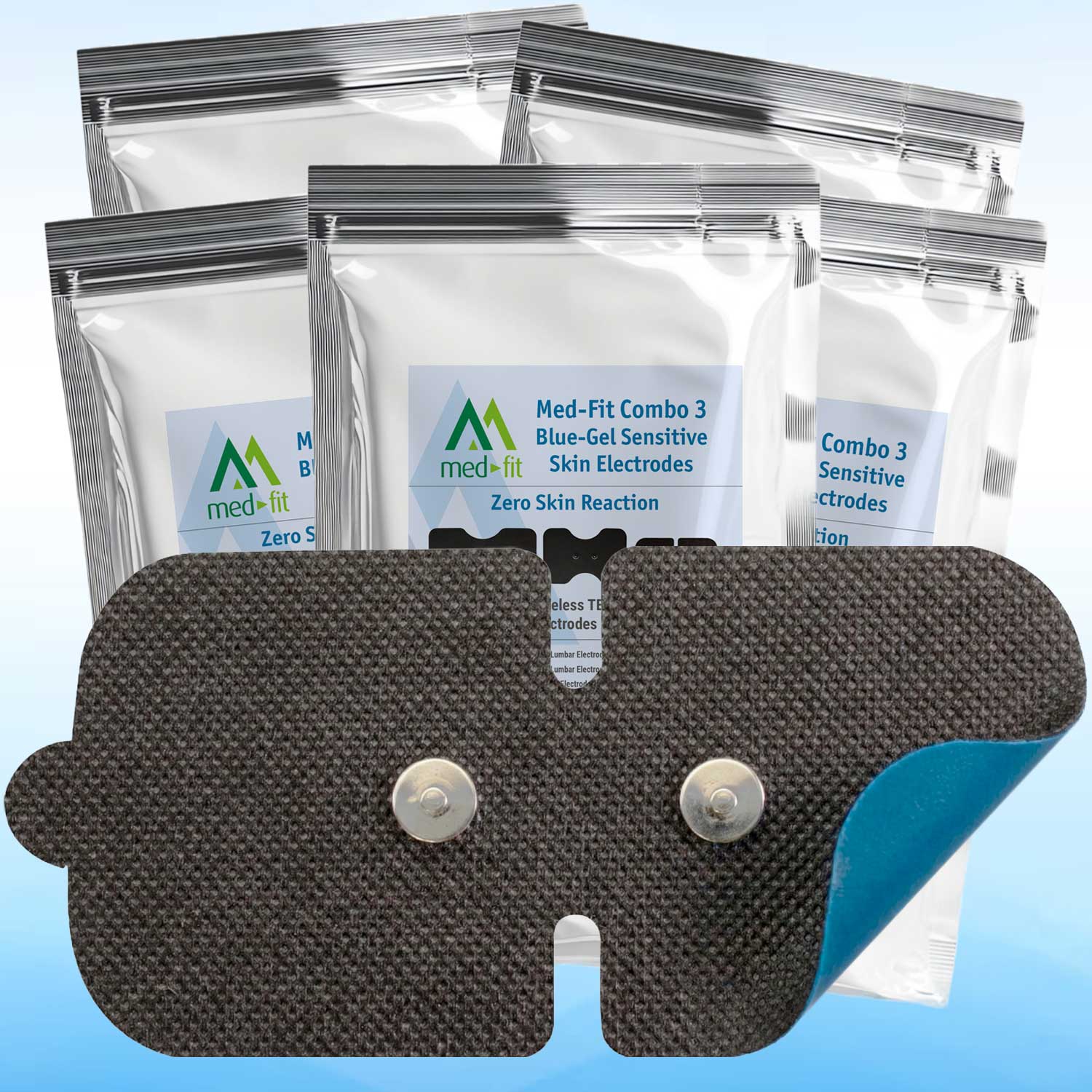 Med-Fit Combo 3 Blue-Gel Sensitive Skin Electrodes with packaging on a light blue background